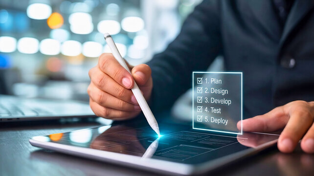 Developer using digital tablet with software development lifecycle interface showing agile project management stages