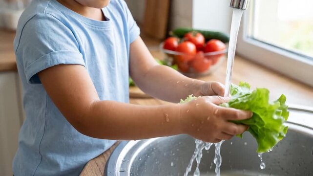 Child washing fresh lettuce under running water in kitchen, food preparation at home, healthy eating habit, hygiene practice, family routine, domestic lifestyle and nutrition concept