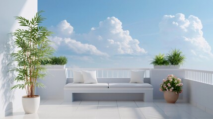 Obraz premium Sunny balcony terrace with comfortable outdoor seating and plants