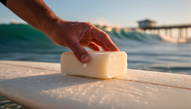 Close up of male hand applying white wax bar to surfboard surface on beach with ocean waves and pier in background during sunset for better grip and surfing performance preparation task