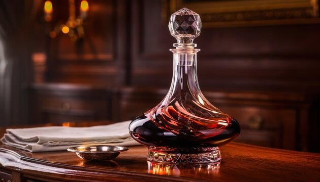 Elegant crystal decanter filled with rich amber spirit on a polished wooden surface, showcasing luxurious barware and refined taste.