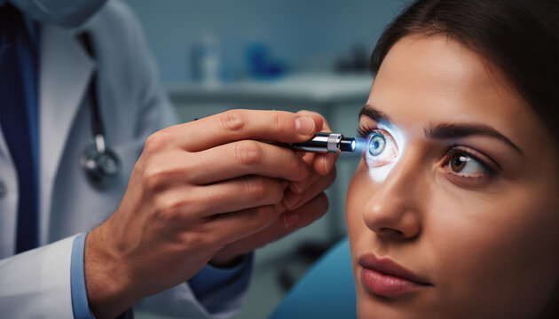 Professional ophthalmologist using diagnostic penlight to examine young woman eye in clinical setting during routine checkup or medical vision test in modern ophthalmology clinic space