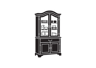 Obraz premium Black and white illustration of a china display cabinet with dishes