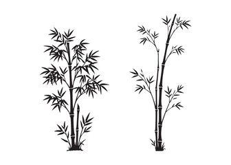 Fototapeta premium Black silhouette of two bamboo plants with leaves and stems on white background