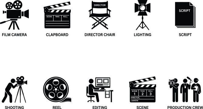 Film production icons set, movie making symbols