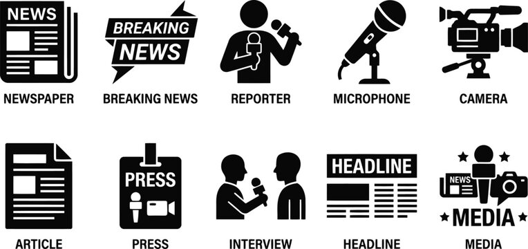 black and white media icons set for news reporting