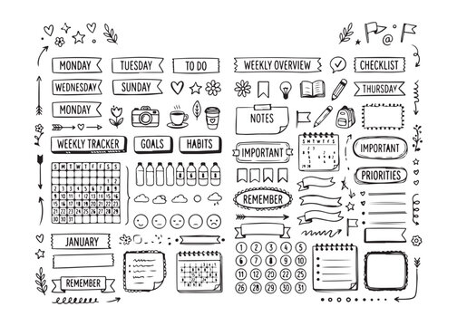 Hand drawn doodle planner stickers for organization and time management  daily routine and task list
