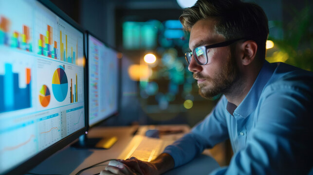 Business professional analyzing data charts on computer screen