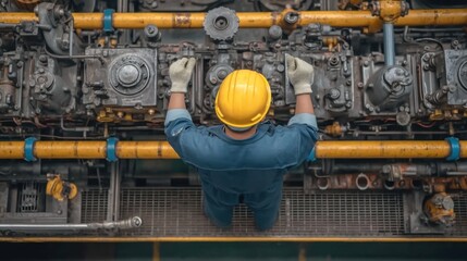 Fototapeta premium Overhead View of Factory Worker in Safety Gear Inspecting Machinery in Industrial Setting