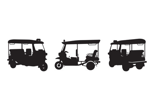Silhouette of three tuk tuks or auto rickshaws in different angles