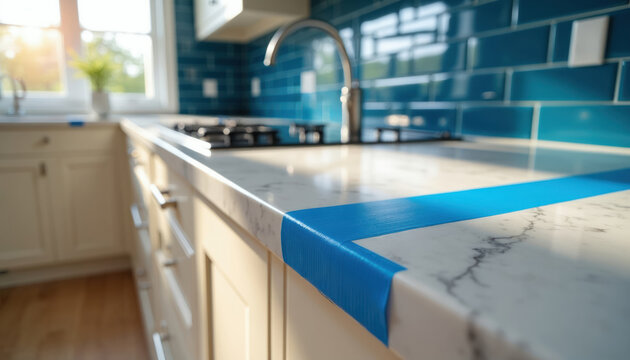 Kitchen renovation progress shows marble countertop edge with blue painter tape. White cabinets and blue subway tile backsplash visible. Sunlight streams across surfaces during home improvement.