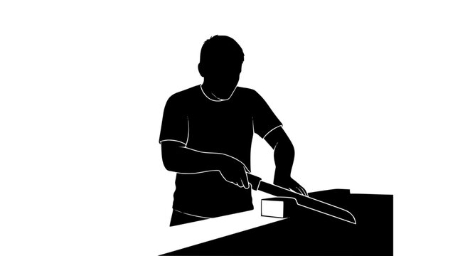 Black and white silhouette of a man cutting food with a large knife