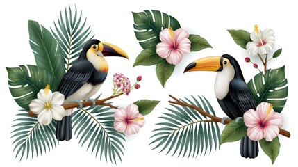 Obraz premium Tropical toucans sitting on branches with hibiscus flowers