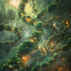 Fototapeta premium Abstract representation of DNA strands in a cosmic environment, showcasing creativity and biological beauty.
