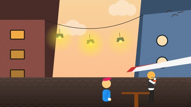 A stylized 2D flat vector animation of an outdoor cafe scene at dusk. One character sits at a wooden table, sipping a beverage from a red cup, and another character with a pink hat