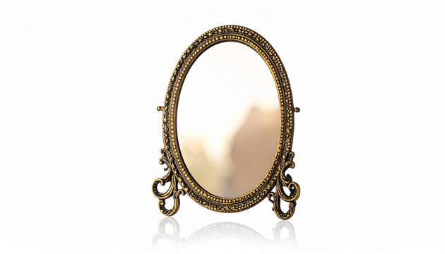 Ornate oval tabletop mirror with antique gold decorative stand