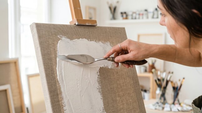 Artist applying gesso to linen canvas