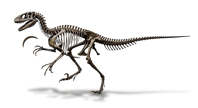 Detailed illustration of a Velociraptor dinosaur skeleton, showcasing its predatory form and bone structure from the prehistoric era.