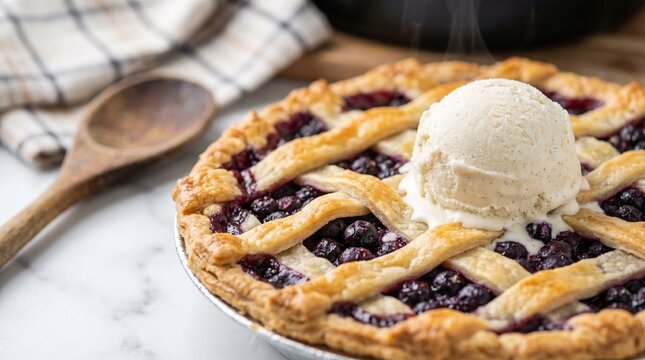 Canadian Food Saskatoon Berry Pie with Lattice Crust, Vanilla Ice Cream Scoop