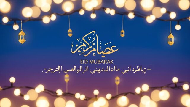 Eid Mubarak Celebration with Festive Lights and Calligraphy Design.