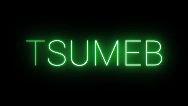 Flickering neon green glowing tsumeb sign animated on black background