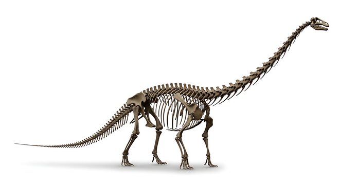 Detailed 3D rendering of a large sauropod dinosaur skeleton, showcasing its long neck and tail, on a white background.