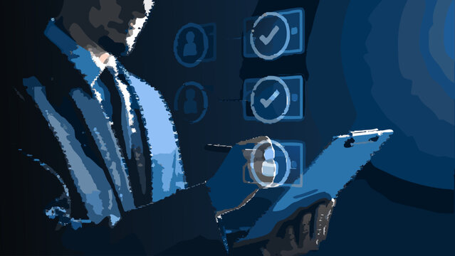 Corporate lawyer reviewing digital contracts on tablet with checklist in professional office setting with blue tones
