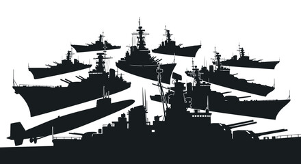 Naval Fleet Silhouette: Battleships, Cruisers, and Submarine Armada © Kardus