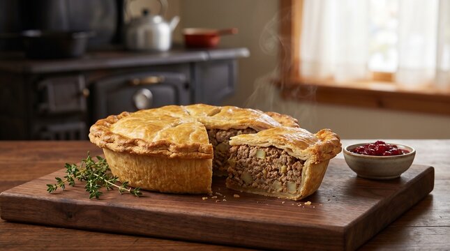 Canadian Food Traditional Tourtiere Meat Pie with Flaky Pastry, French-canadi
