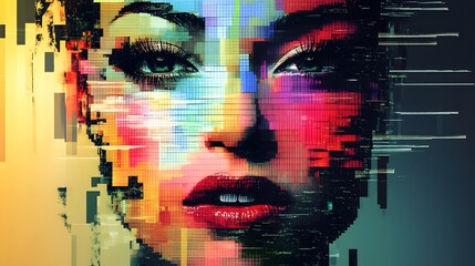 Creative digital mosaic portrait of a woman with glitch effects and pixelated color blocks. Modern pop art style with vibrant digital distortion.