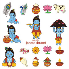 Fototapeta premium Happy Janmashtami Celebration with Krishna Playing Flute Amidst Symbols