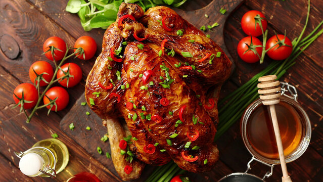 roasted whole chicken or turkey served on wooden chopping board with chilli pepers