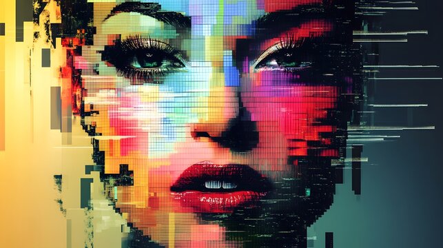 Creative digital mosaic portrait of a woman with glitch effects and pixelated color blocks. Modern pop art style with vibrant digital distortion.