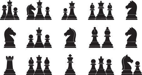 Collection of black chess pieces in various arrangements including kings queens rooks knights bishops and pawns. © ulvaamelia