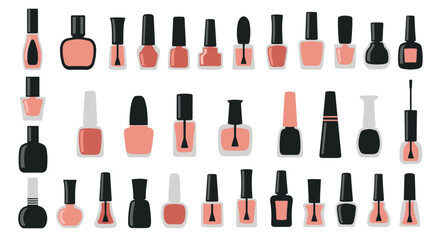 Obraz premium Grid of various nail polish bottles in different shades of pink, coral, and black for beauty and cosmetic design.