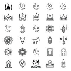 Obraz premium Eid Mubarak celebration icons with mosques, lanterns, and crescent moons