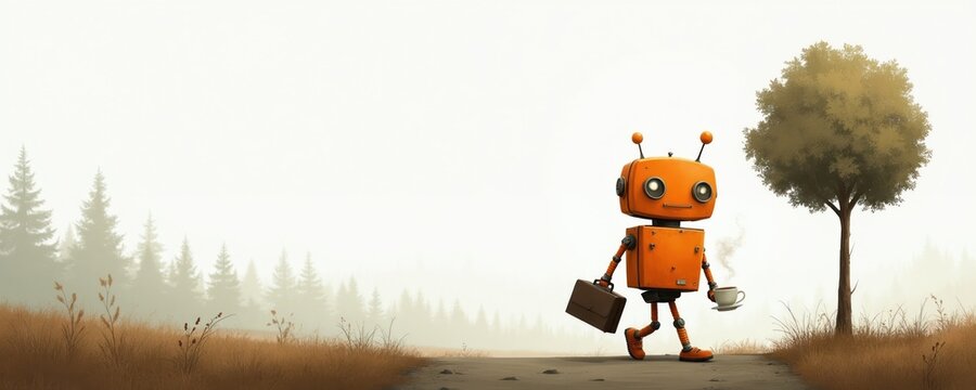 Orange robot walks on path holding briefcase and coffee cup. Stylized tree and forest in soft background blur. Automation and daily routine concept art. Future tech and morning commute.
