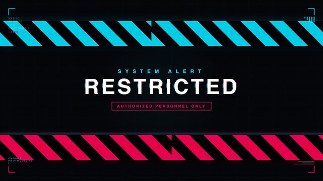 Futuristic Digital Security Interface with Restricted Access Warning System Alert and Hazard Stripes Motion Graphic