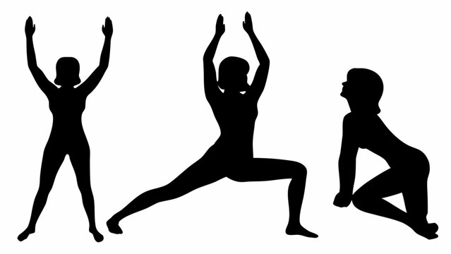 Black silhouettes of three people practicing yoga poses on white background