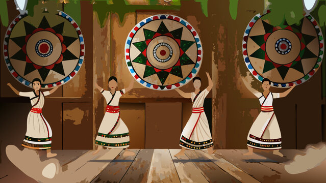 Traditional assamese dancers performing with colorful circular props in cultural attire on wooden stage