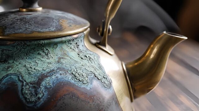 Antique Brass Teapot with Verdigris Patina Close Up.