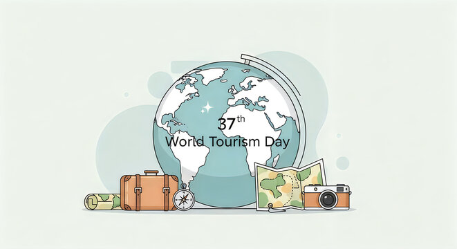 World Tourism Day illustration with globe and travel items illustration