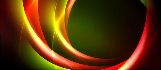 Obraz premium Abstract vibrant layers overlap, creating dynamic energy. Colors blendreds, yellows, greensforming flowing shapes. Dark background emphasizes luminosity.