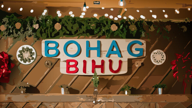 Vibrant bohag bihu festival sign with floral decorations and lights