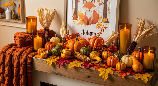 Autumn harvest display with pumpkins and dried flowers on a table illustration