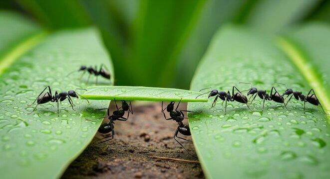 Ants working together to form a bridge with a green leaf over wet ground teamwork concept
