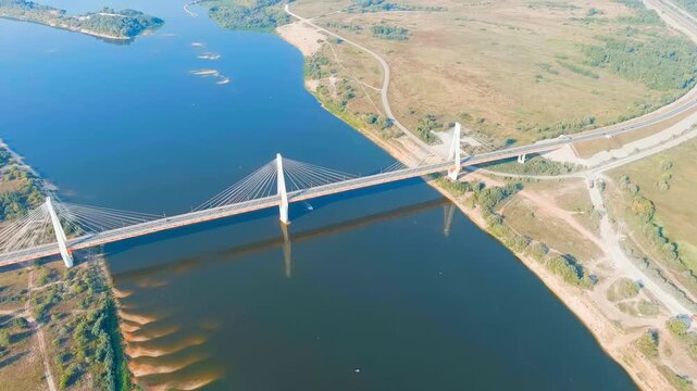 Murom, Russia. Murom bridge. Cable-stayed bridge across the Oka river. Drone footage