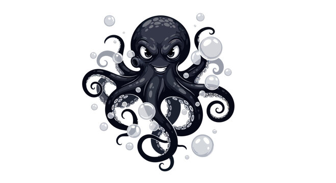Angry Octopus with Bubbles, Cartoon Style, Dark Colors