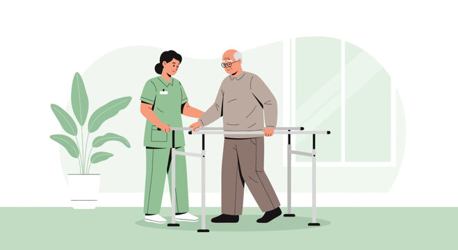 Nurse assisting elderly man with physical therapy using parallel bars for rehabilitation