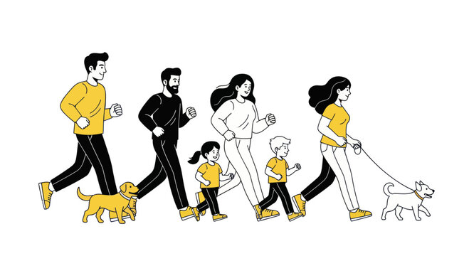 Family Jogging with Dogs, Healthy Lifestyle, Outdoor Activity, Vector Illustration